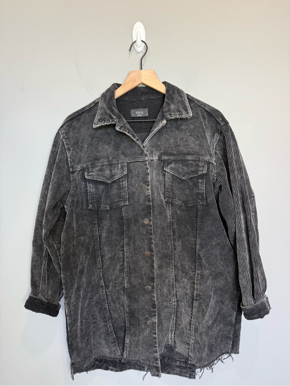 VICI Black Acid Wash Corduroy Shacket Oversized Small Raw Hem